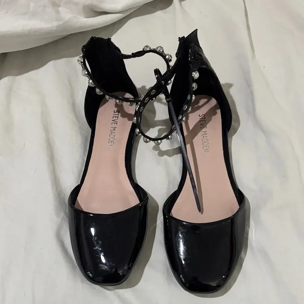 Steve Madden 2 ballet Black Patent Flats rhinestone Accents nwt